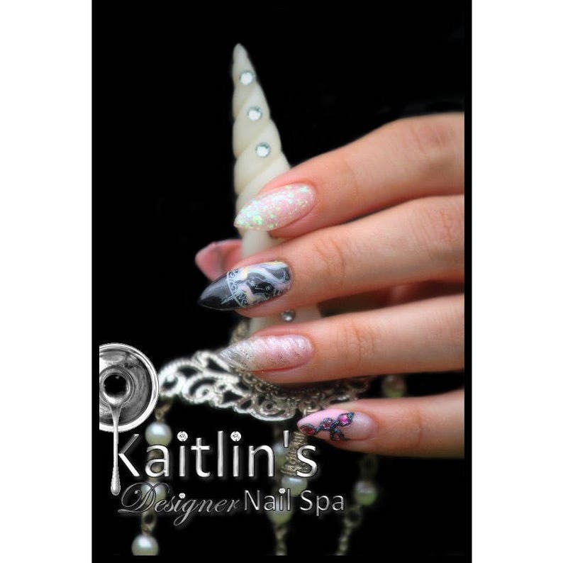 Black Unicorn Stiletto Gel Artificial Nail Art Etsy