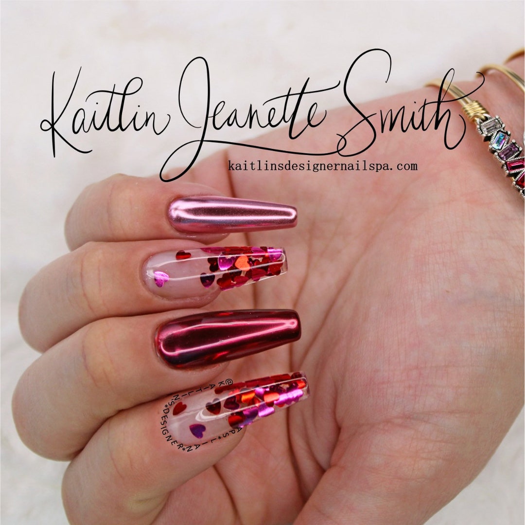 Almond nails, pink nails, chrome nails, rose gold nails, Louis
