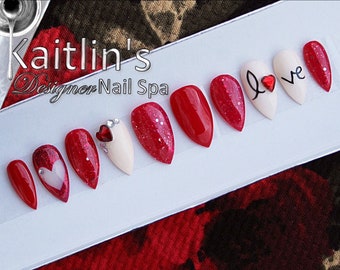 Valentine's Day Press On Gel Nails featuring Hand Painted LOVE, Window Heart & Swarovski Embellishments