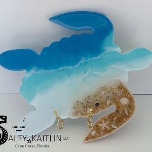 READY TO SHIP Handmade Resin Large Sea Turtle Jewelry Tray featuring Ombré Blue Beach Effect Approximately 13”X10”