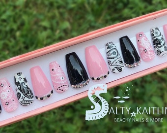 Black, White & Pink Bandana Paisley Press On Gel Nails