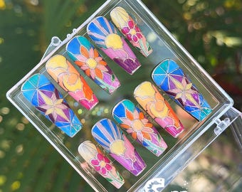 Cathedral Jewels Hand Painted Stained Glass Press On Gel Nails