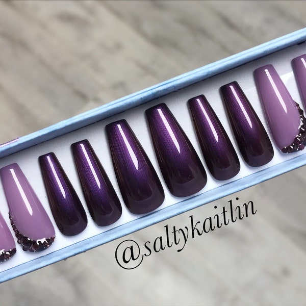 Two Tone Purple with Rhinestone Accents Gel Press On Nails