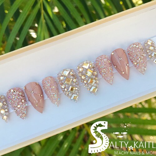 All White Press on Nails With Rhinestones Wedding Nails Etsy