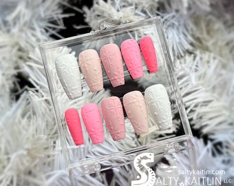 3D Embossed Pink Snowflakes Gel Press On Nails