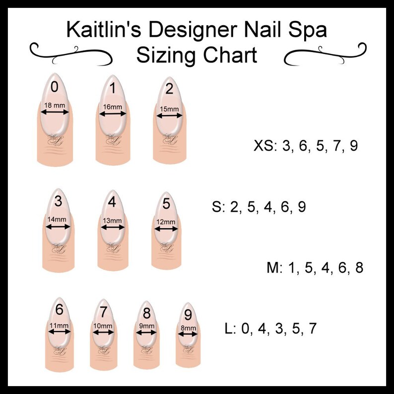 以下が含まれることがあります： 10種類の異なるサイズのつけ爪が示されたネイルサイズチャート。各サイズには番号とミリメートル単位の寸法が記載されています。チャートには、さまざまなサイズに対するサイズ推奨事項も含まれています。XS: 3, 6, 5, 7, 9; S: 2, 5, 4, 6, 9; M: 1, 5, 4, 6, 8; L: 0, 4, 3, 5, 7.