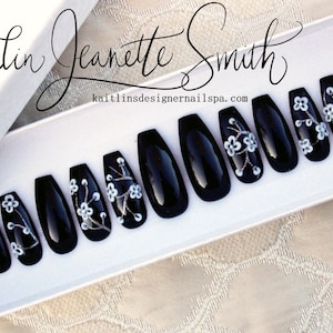 Black & White Cherry Blossom Gel Press On Nails