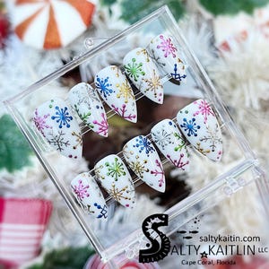 Hand Painted Chrome Snowflakes Press On Gel Nails