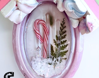 Handmade Resin Soap Dish with Real Encapsulated Flowers, Candy Cane