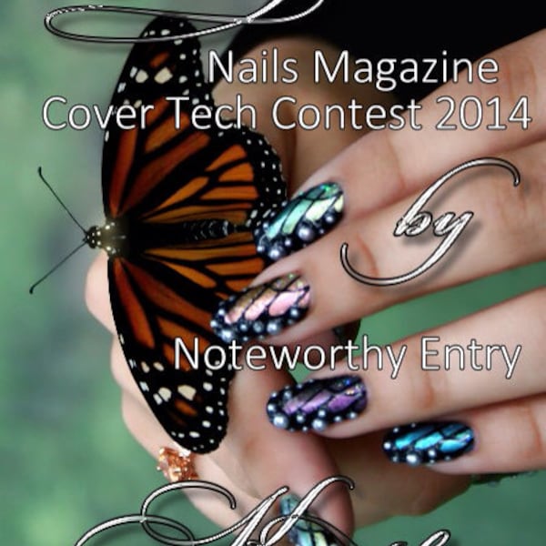 Prensa de gel de mariposa iridiscente pintada a mano en las uñas como se ve en la revista NAILS de enero de 2014