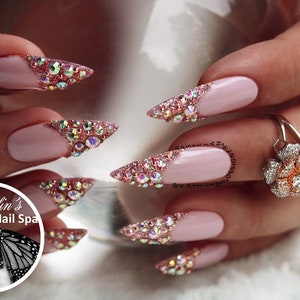 Long Stiletto Crystal French Press On Gel Nails