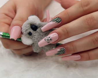 Koala & Eucalyptus Leaves Hand-Painted Gel Press On Nails