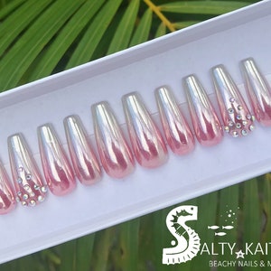 Ombré Pink Chrome with Swarovski Accents Gel Press On Nails