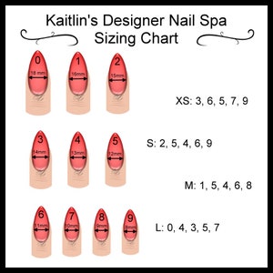 Puede incluir: Un gr&aacute;fico de tallas de u&ntilde;as con diez tama&ntilde;os diferentes de u&ntilde;as artificiales, cada uno con un n&uacute;mero y una medida en mil&iacute;metros correspondientes. El gr&aacute;fico tambi&eacute;n incluye recomendaciones de tallas para diferentes tama&ntilde;os de dedos, etiquetados como XS, S, M y L.