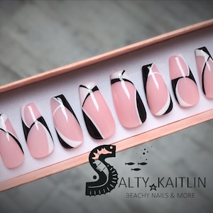 Pink, Black & White Color Block Press On Gel Nails