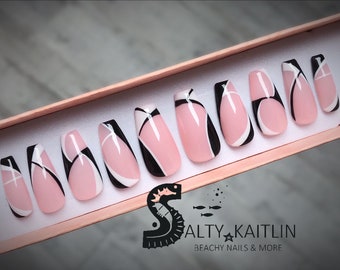Pink, Black & White Color Block Press On Gel Nails