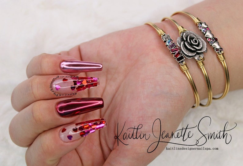 Encapsulated Hearts & Chrome Gel Press On Nails image 2