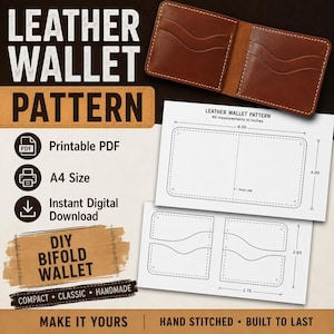 May include: A brown leather bifold wallet and a printable PDF pattern document. The pattern includes technical drawings with measurements in inches, showing a 6.00 by 4.00 inch main piece and smaller pocket components labeled with 2.75 and 2.65 inch dimensions.