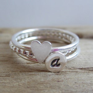 Personalized Heart & Initial Sterling Silver Stacking Ring Set - Set of 3 - Personalized Heart Ring
