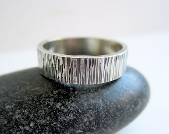 Personalized Birch Textured Sterling Silver Ring - Silver Band