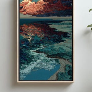 Teal Sunset Ocean Coastline Art | Japanese Style Seascape Print | Dramatic Cloud Wall Decor