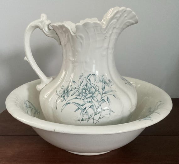 Dresdner blaues Blumenwaschkrug- und Beckenset – Deutsches Porzellan – Antiker Landhausstil – 1890–1910