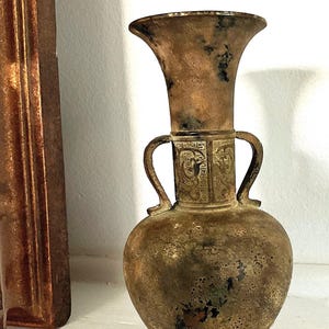 Antique Bronze Vessel • Old-World Urn with Handles • Marked Base • 7.5" Tall