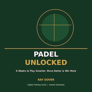 Könnte beinhalten: Ein digitales Trainingshandbuch mit dem Titel "PADEL UNLOCKED" mit goldenem und weißem Text auf dunkelgrünem Hintergrund. Der Leitfaden verspricht, Spielern zu helfen, intelligenter zu spielen, sich besser zu bewegen und in 6 Wochen mehr zu gewinnen. Oben befindet sich eine kreisförmige Grafik mit Fadenkreuzen.
