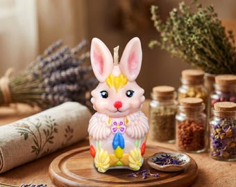 Vela pintada a mano / Figura de cera artesanal de conejo floral / Regalo de agradecimiento para profesores / Decoración estética para el hogar / Aroma a magnolia / 54,24 g