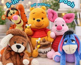 5 in 1 Winnie the Pooh Crochet Pattern Bundle PDF, Tigger Piglet Eeyore Dog Amigurumi Pattern, Plush Toy Set,Disney-inspired Characters