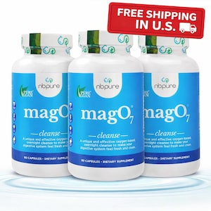 May include: Three white supplement bottles with blue labels. The labels read "mago7 cleanse" and include the text "A unique and effective oxygen-based overnight cleanse to make your digestive system feel fresh and clean." The bottles are labeled "90 CAPSULES - DIETARY SUPPLEMENT."