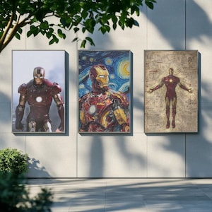 K&ouml;nnte beinhalten: Drei gerahmte Kunstdrucke mit Iron Man. Der erste zeigt Iron Man in einer klassischen Pose, der zweite im Stil von Van Gogh und der dritte ein anatomisches Diagramm von Iron Man.
