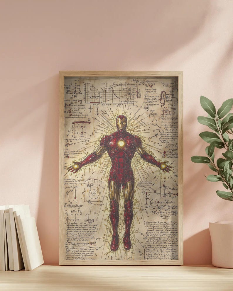 K&ouml;nnte beinhalten: Gerahmter Druck von Iron Man in einem rot-goldenen Anzug, mit ausgestreckten Armen, vor einem Hintergrund aus Diagrammen und Skizzen. Das Kunstwerk hat eine Vintage-Papieroptik in einem Holzrahmen.