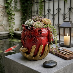 Puede incluir: Una maceta roja con forma de corazón anatómico sostenida por dos manos de color dorado. La maceta contiene varias suculentas verdes y rosadas, con una planta de rosario colgando por el costado. El objeto se encuentra sobre una superficie de piedra gris.
