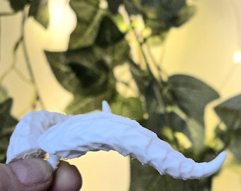 May include: A white, textured, horn-shaped object with a curved, tapered point and a segmented, organic surface appearance. The piece features a matte finish and a solid, rigid structure, displaying a distinct, irregular, and bumpy exterior texture.