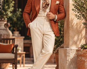 Blazer da uomo color terracotta ruggine, pantaloni a pieghe avorio, completo vintage da uomo ricco, abito estivo retrò, abbigliamento maschile su misura