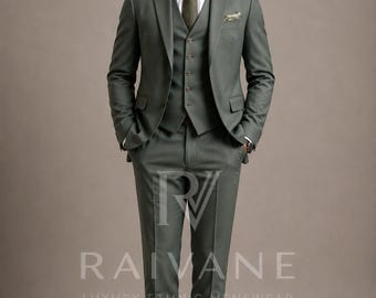 Terno masculino verde sálvia de 3 peças | Corte slim sob medida para casamento, noivo e formatura