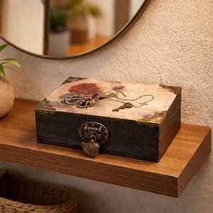 Joyero vintage con cerradura y llave. Una pieza mística y única para guardar con estilo tus tesoros más preciados.