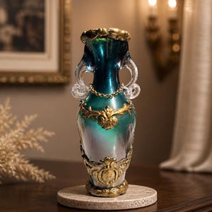 Könnte beinhalten: Eine verzierte Vase in Teal und Gold mit transparenten Griffen und einer dekorativen Goldkette. Die Vase hat goldene Filigranakzente und steht auf einem runden, marmorähnlichen Sockel. Die Vase ist etwa 25 cm hoch.
