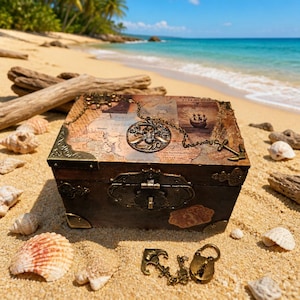 Pirate Treasure Chest with Lock & Key | Handmade Wooden Keepsake Box | Nautical Jewelry Box | Vintage Map Decor | Unique Gift for Him