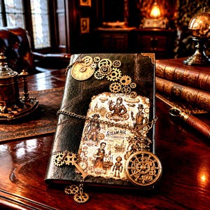 Könnte beinhalten: Ein dunkel strukturiertes Notizbuch mit messingfarbenen Zahnradverzierungen, einer Metallkette und einer zentralen Illustration mit dem Titel The Steam Age Curiosities. Der Einband zeigt verschiedene mechanische Motive, einen Schlüsselanhänger und ein großes Zahnrad.