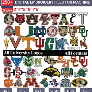 May include: A collection of 250+ digital embroidery files for machines featuring various university logos in sizes 3, 4, 5, 6, 7, and 8 inches. The image displays numerous colourful sports team emblems, mascots, and letters, with file formats listed as DST, PES, XXX, SEW, HUS, and VP3.