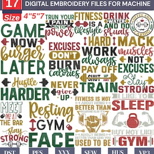 May include: Digital embroidery files for machine with fitness-themed quotes. The design includes phrases like "Hustle Harder," "Never Give Up," and "Train Strong." The size is 10.16cm x 12.7cm x 17.78cm.