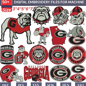 May include: A collection of digital embroidery files featuring Georgia Bulldogs imagery, including bulldog illustrations, the letter G, football helmets, and text. The designs are available in sizes 3, 4, 5, 6, and 7 inches for formats DST, PES, XXX, SEW, HUS, and VP3.