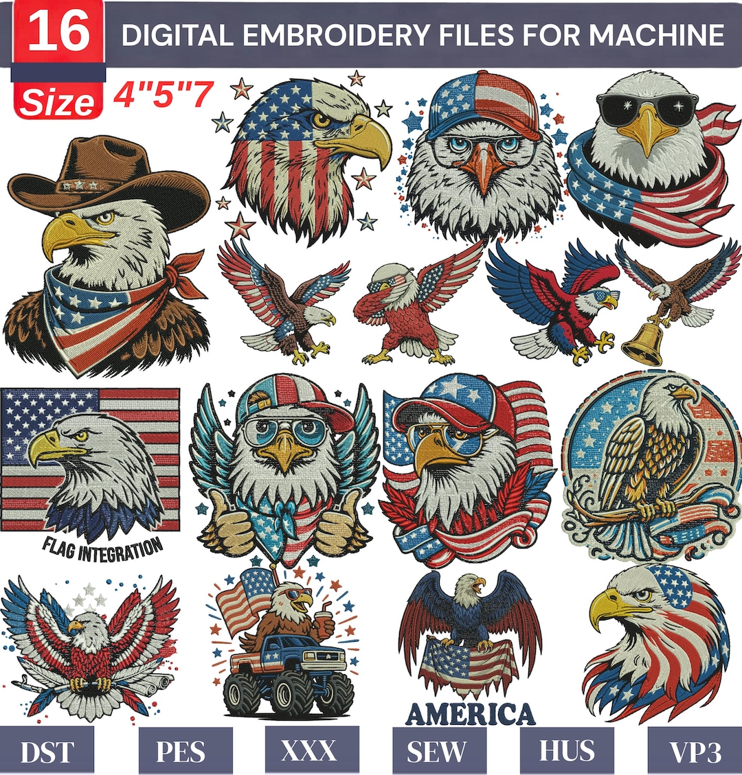 16 Patriotic Eagle Embroidery Designs Bundle, USA Flag Bald Eagle ...