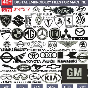 May include: A collection of digital embroidery files for machine use, featuring logos of various car brands like Ford, Tesla, and Mercedes-Benz. The image includes the text "40+ DIGITAL EMBROIDERY FILES FOR MACHINE" and size options.