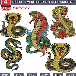 May include: Digital embroidery files for machine embroidery featuring five detailed snake designs. The designs include various colors and styles, with sizes ranging from 3 to 7 inches. The image also includes file type abbreviations: DST, PES, XXX, SEW, HUS, and VP3.