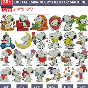 Puede incluir: Una colección de más de 30 archivos de bordado digital con el perro de dibujos animados Snoopy en varios atuendos estacionales, sosteniendo corazones, flores, libros y comida, con el texto 30+ DIGITAL EMBROIDERY FILES FOR MACHINE.