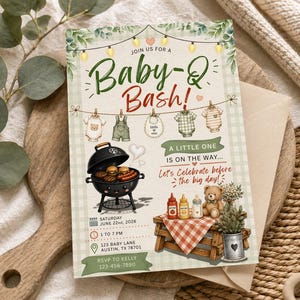 May include: Baby-Q Bash invitation with a watercolor design. The invitation features a black grill with burgers, baby clothes, and the text "A Little One Is On The Way." Includes event details and RSVP information.