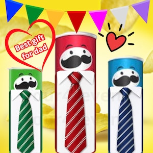 May include: Three cylindrical snack containers in green, red, and blue, each featuring a cartoon face with a mustache, a white shirt collar, and a striped necktie. A red heart graphic contains the text Best gift for dad, with colorful bunting above.